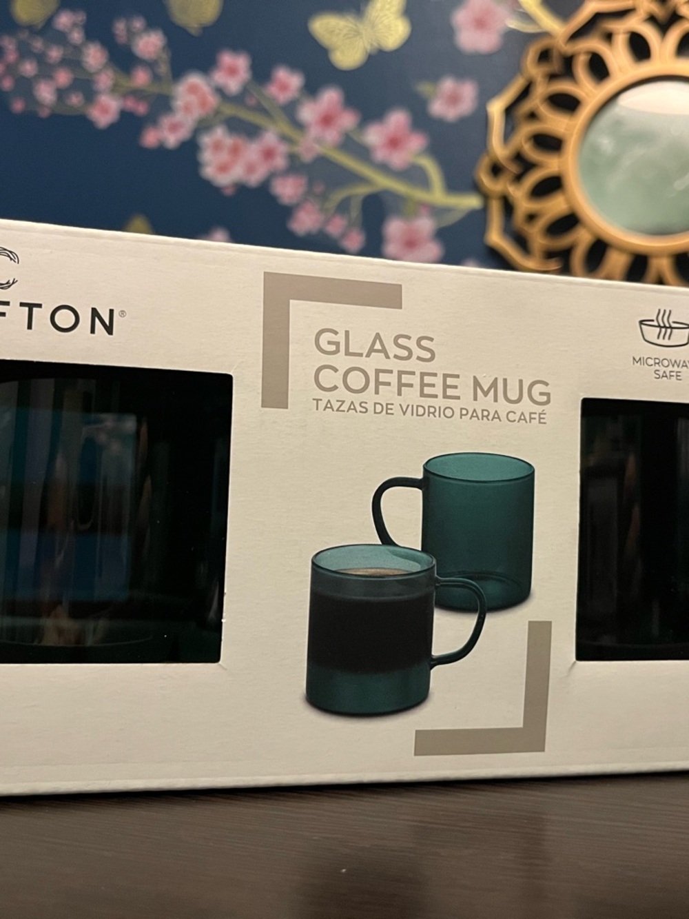 Croton Glass Coffee Mugs in Teal and Black Accent
